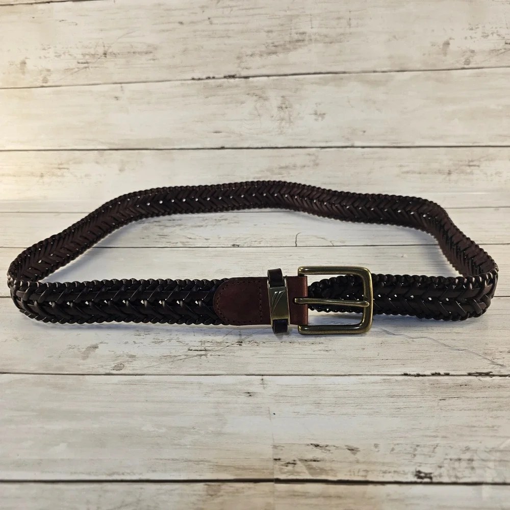 Nautica Mens Braided Leather Belt Dark Brown Woven Brass Buckle Size 34 93540